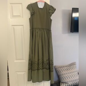 Rebecca Taylor Olive Green Maxi Dress with Ruffle Sleeves, like new, worn twice
